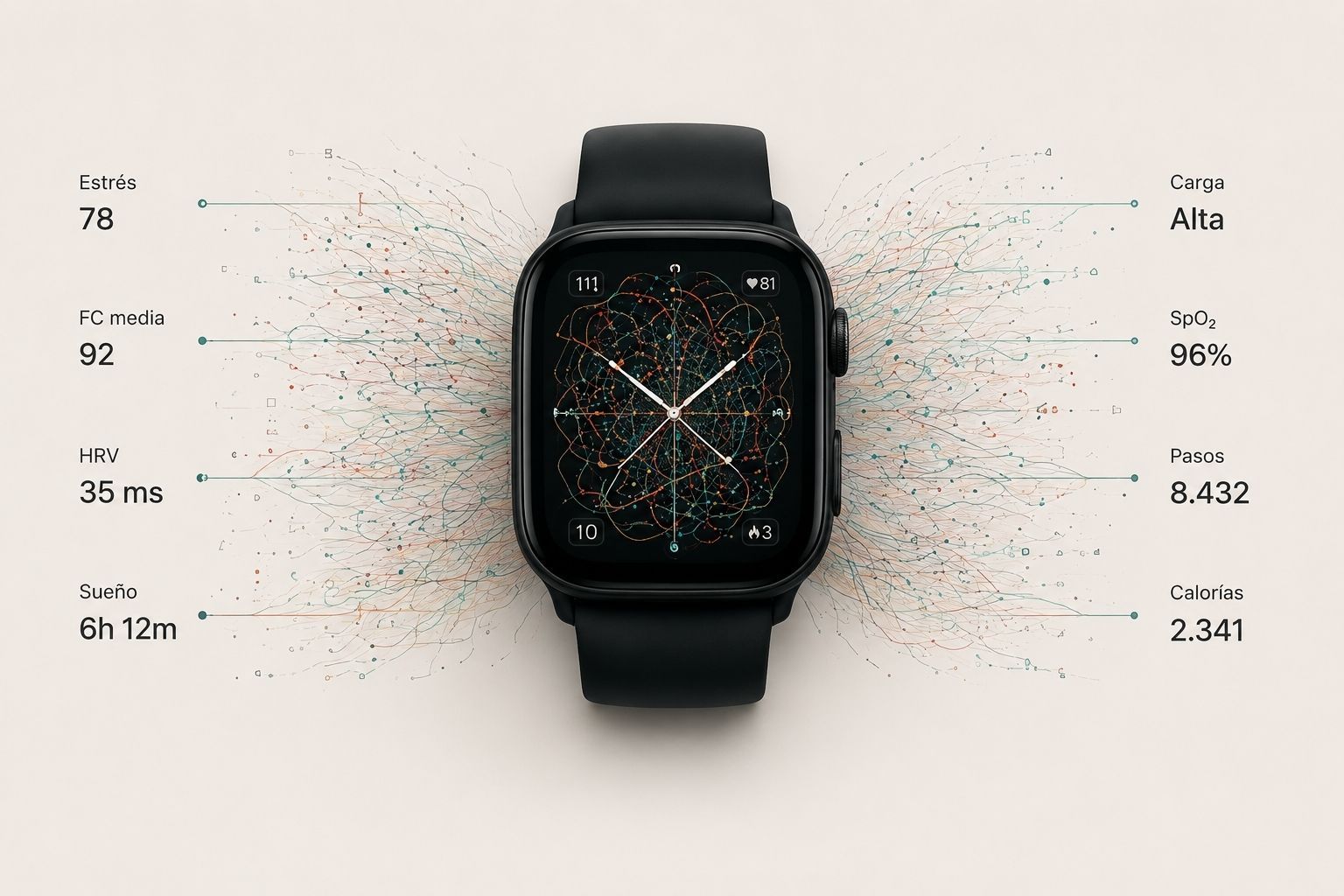 Imagen que ilustra cómo los dispositivos inteligentes, relojes, anillos y pulseras, muestran muchos datos pero carecen de interpretación.